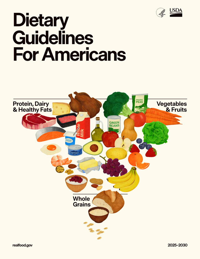 2025–2030 Dietary Guidelines for Americans infographic with protein, dairy, healthy fats, vegetables, fruits, and whole grains.
