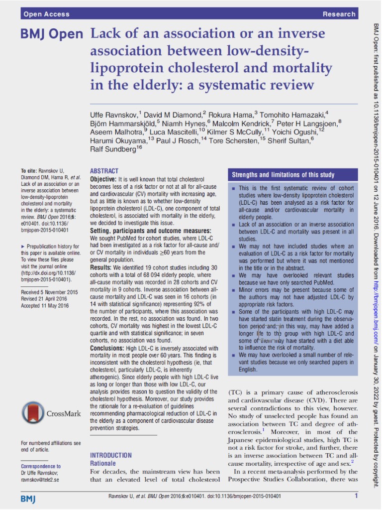 BMJ Open research paper titled Lack of an association or an inverse association between low-density-lipoprotein cholesterol and mortality in the elderly.