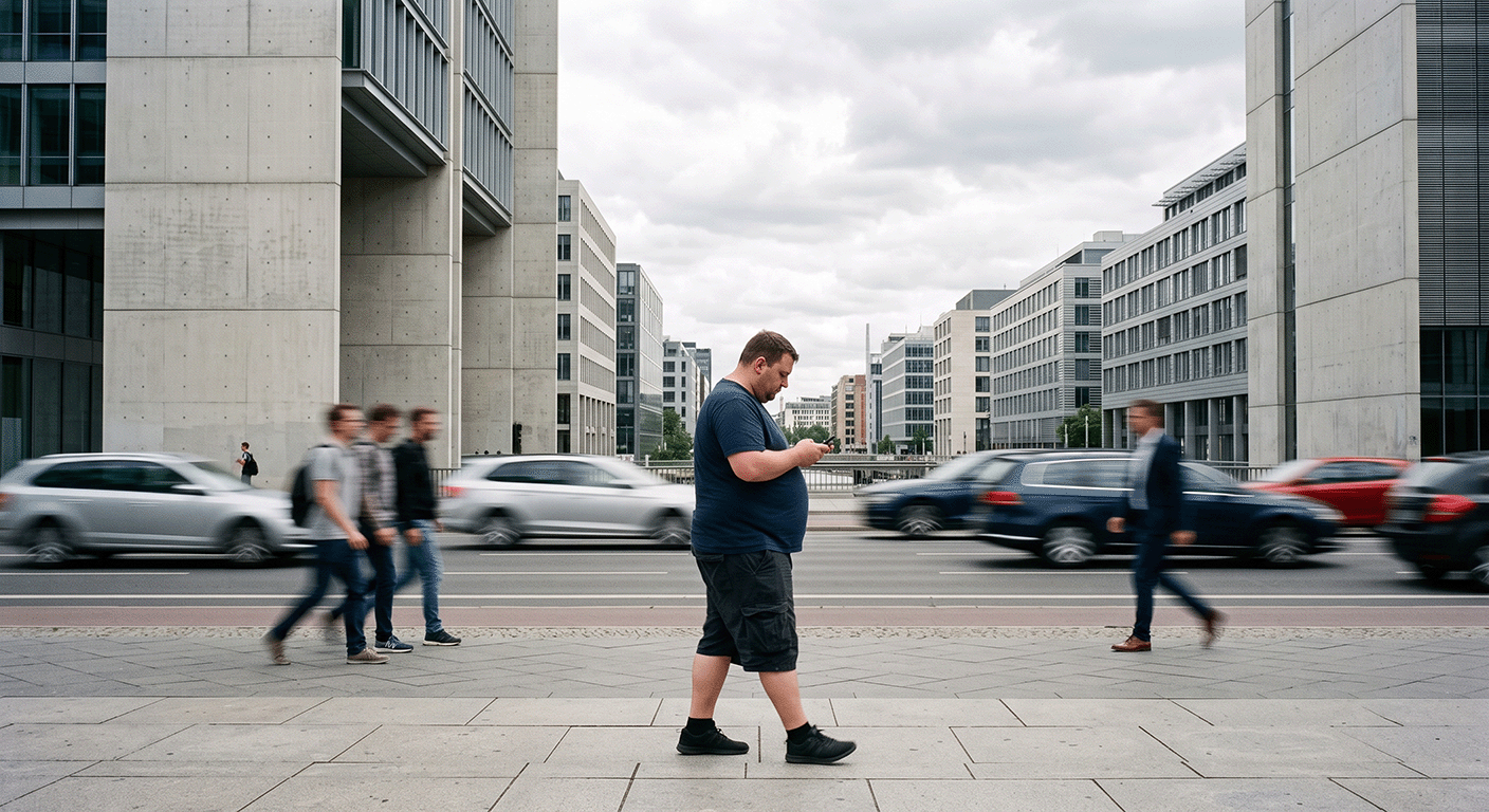 Person walking through a busy city street while looking at a smartphone