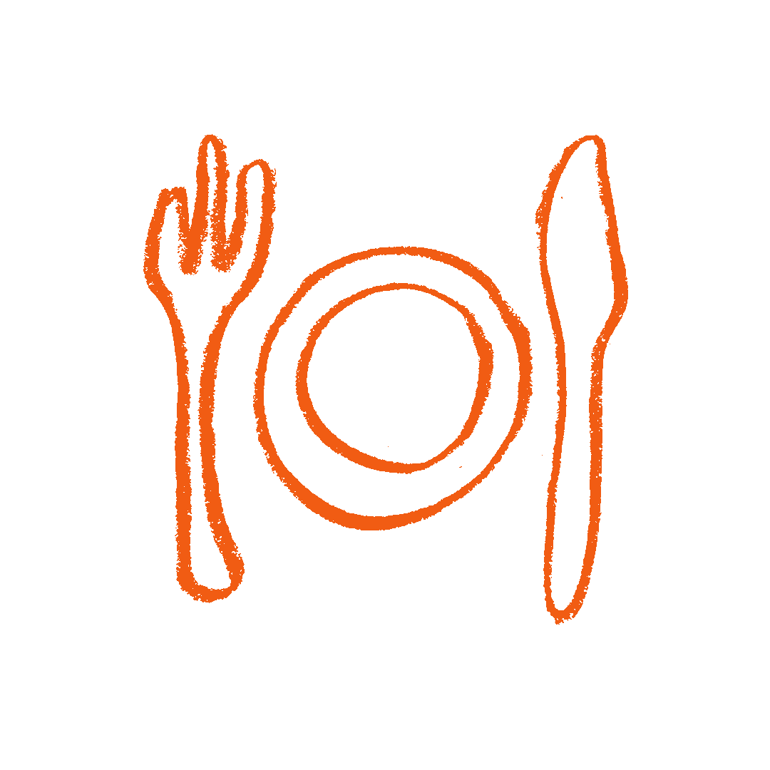 Hand-drawn orange icon of a plate with fork and knife